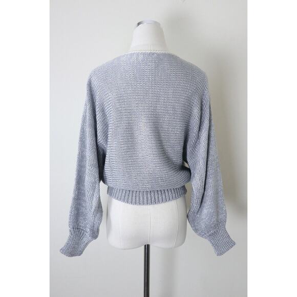 Vintage 1980s Angora Metallic V Varsity Knit Sweater Batwing Silver Pastel Pink - Picture 8 of 11